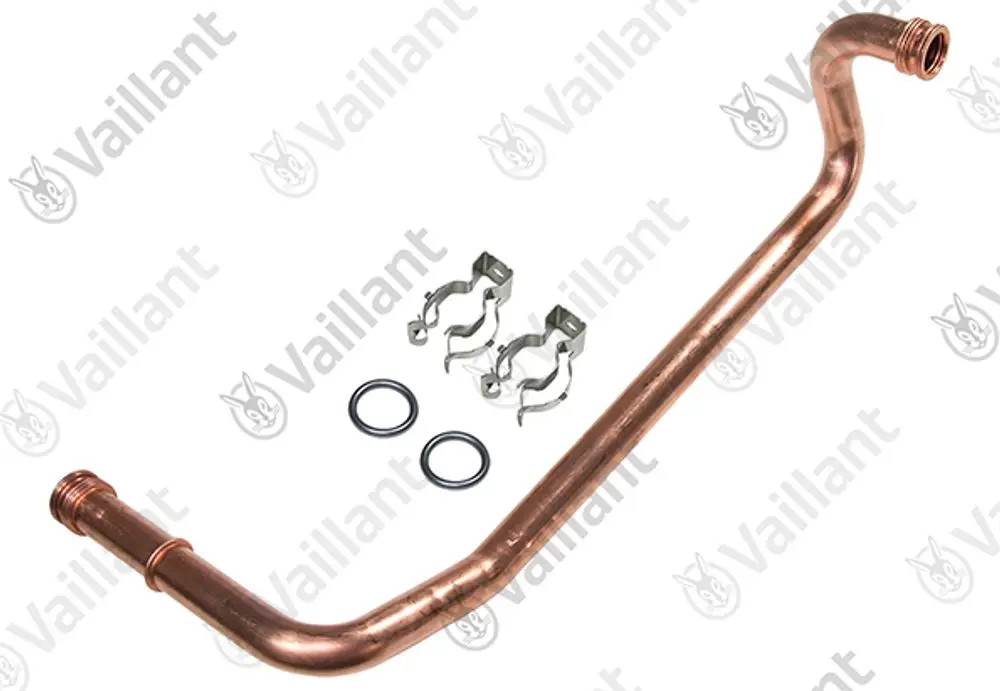 Kupferrohr mit zwei Schraubanschlüssen und zwei O-Ringen, ergänzt durch zwei Halteklammern, zur Verwendung in Vaillant Heizsystemen.